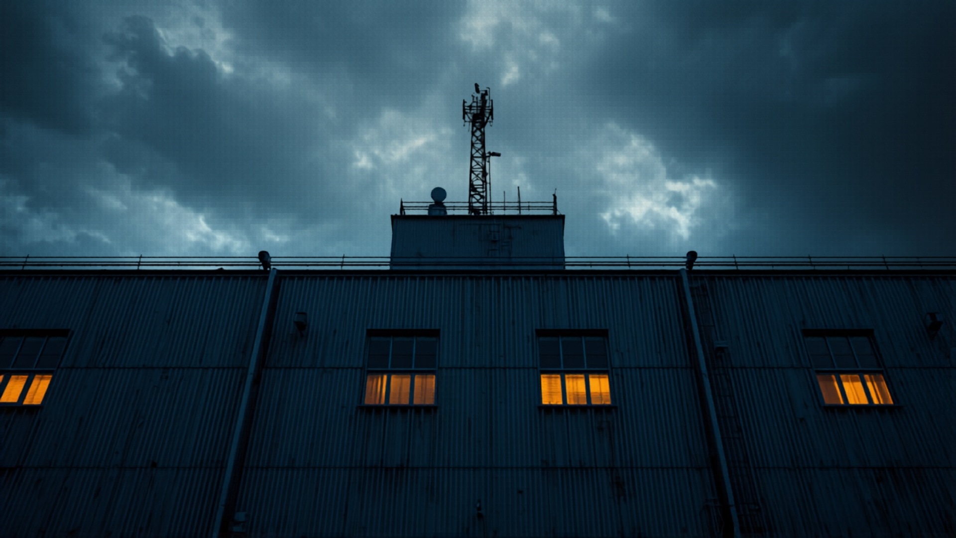 Industrial facility with rooftop RF antenna mast for fire alarm and security monitoring uplinks